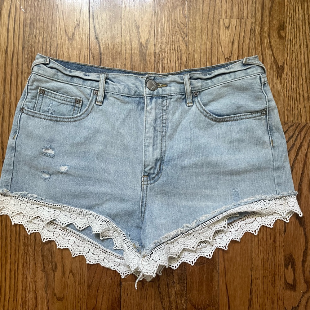 Free People Light Blue Jean Shorts with White Lace